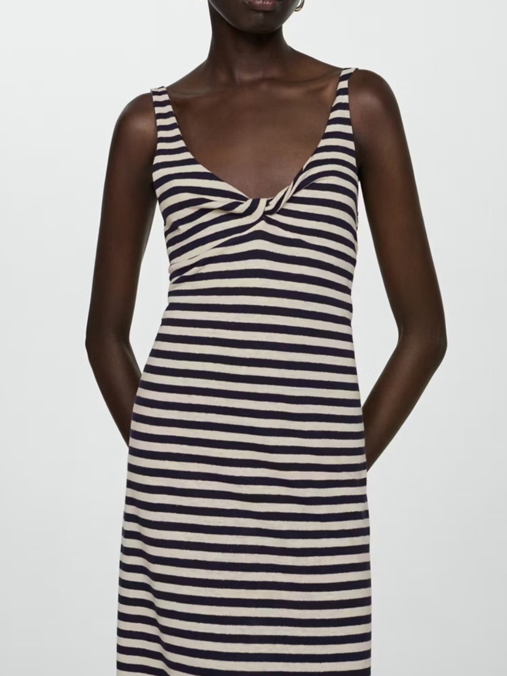Mango Dark Navy & Cream Striped Midi Dress